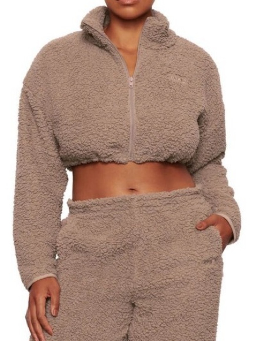 SKIMS Cozy Teddy Fleece Cropped Zip Jacket Taupe Size Small Matching Set
